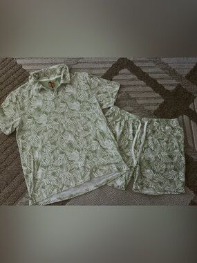 C&C California Olive Green and White Leaf Print Loungewear Set with Retro Logo